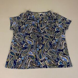 Jaclyn Smith Blouse Top  Women's 1X Blue‎ Yellow Paisley Print Short Sleeve